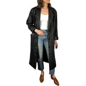 VINTAGE 90S BLACK LEATHER BUTTON DOWN MIDI DUSTER JACKET JACQUELINE FERAR